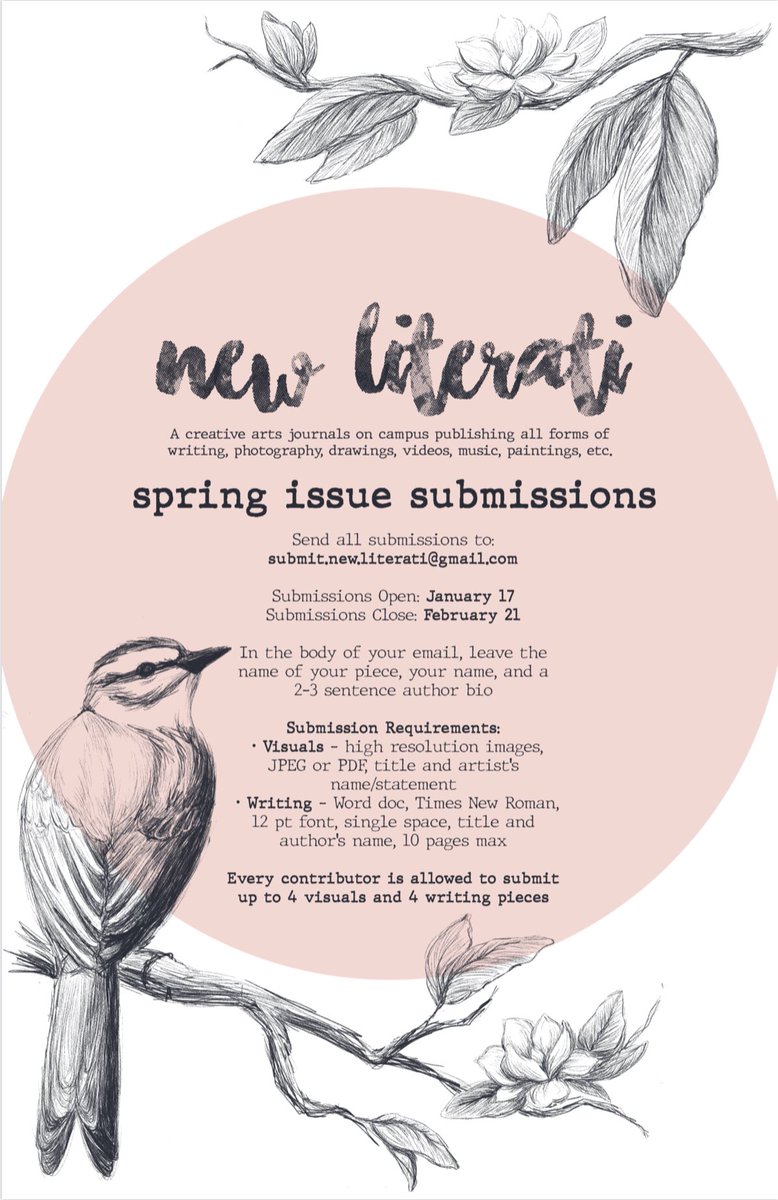 New_Literati's tweet photo. We are officially accepting submissions for our spring print issue! We accept all forms of creative art including writing, photography, drawing, music, and more! Submissions close Feb. 21 so be sure to submit your work to us.
Follow instructions on the poster for details. #submit https://t.co/TtxpzpwK0I