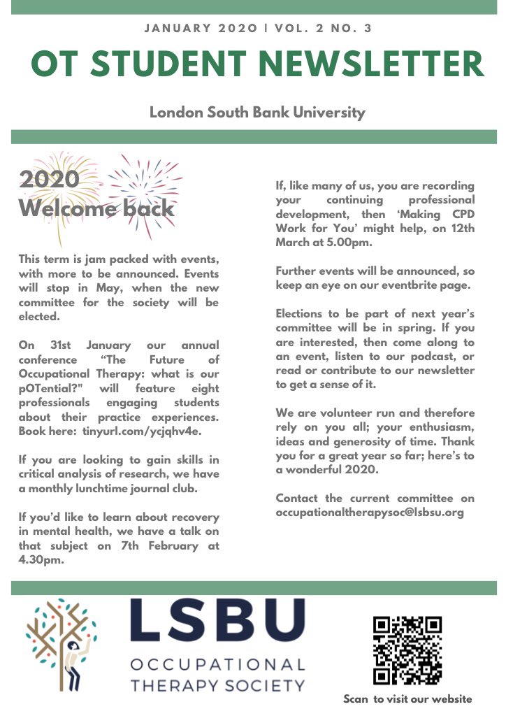 LSBUOTSOCIETY's tweet photo. Our latest newsletter is live. Check it out now!
@LSBU @LSBSU @RCOTStudents @LondonRCOT #OccupationalTherapy #ot #lsbu #lsbsu https://t.co/qWO92sYRX9