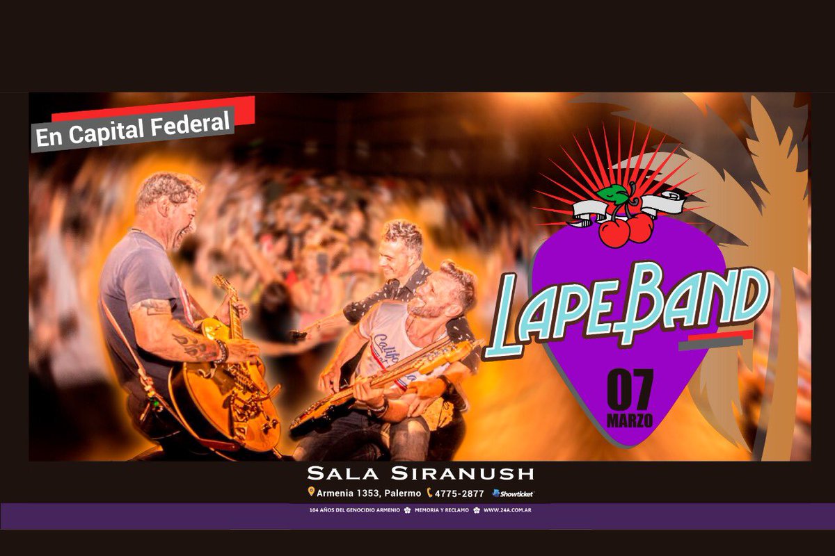 <a href="/Lapeband/">lapeband</a> 💥💥💥
Show en C.A.B.A
<a href="/SalaSiranush/">Sala Siranush</a> 🎉🎉🎉
📍Armenia 1353 - Palermo 
👉🏼Anticipadas $500 
Venta On Line - showticket.com.ar
Boletería de la sala
Martes a viernes de 14hs a 20hs 
Sábados de 17hs a 20hs
<a href="/sergiolapegue/">Sergio Lapegüe</a> 🕺🏻🎤🎸
<a href="/javierlbenitez/">Javier Benitez</a> 🎤🎸
<a href="/HernanPalazzo/">hernan palazzo</a> 🎤🎸