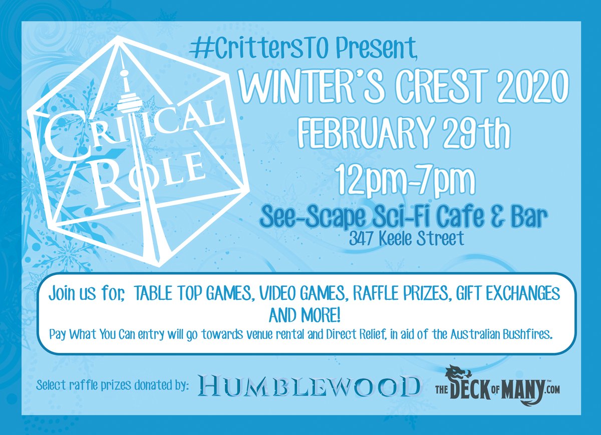 Megzilla87's tweet photo. #CrittersTO SAVE THE DATE!  WINTER'S CREST 2020 IS COMING!

Join us this year as we raise funds to go towards the bushfire relief in Australia.

It's a day of games, raffles and nerding out with fellow GTA/Toronto #CriticalRole fans!  By all means, come on out and play! https://t.co/W2aZLsf4cx