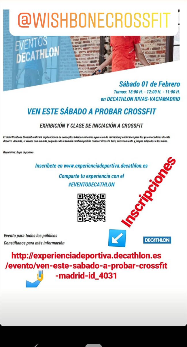jlaguirre56's tweet photo. El sábado 1 de Febrero en @decathlon rivas. Os esperamos para dar una clase gratuita y conocer el crossfit con @WishboneCrossf1 No puedes faltar. También #crossfit kids,  adaptado a los niños apartir de 5 años. @CrossFit_ESP @RivasOpina @DecathlonES @RivasAlDia @rivasactual https://t.co/zPO80D6twn