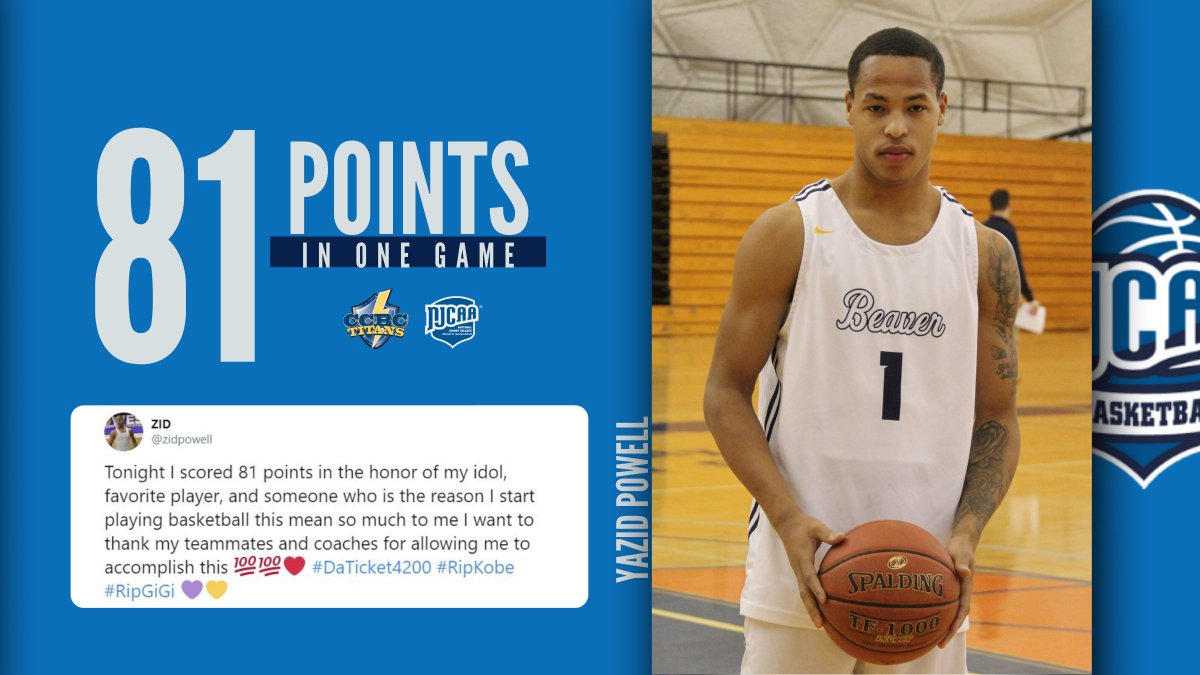 NJCAABasketball's tweet photo. In his first career start, Beaver County's Yazid Powell tallied 8⃣1⃣ points Monday night to honor his idol Kobe Bryant.

Powell intentionally missed his final free throw to preserve the tribute.

#NJCAABasketball https://t.co/OiMAiFNHz5