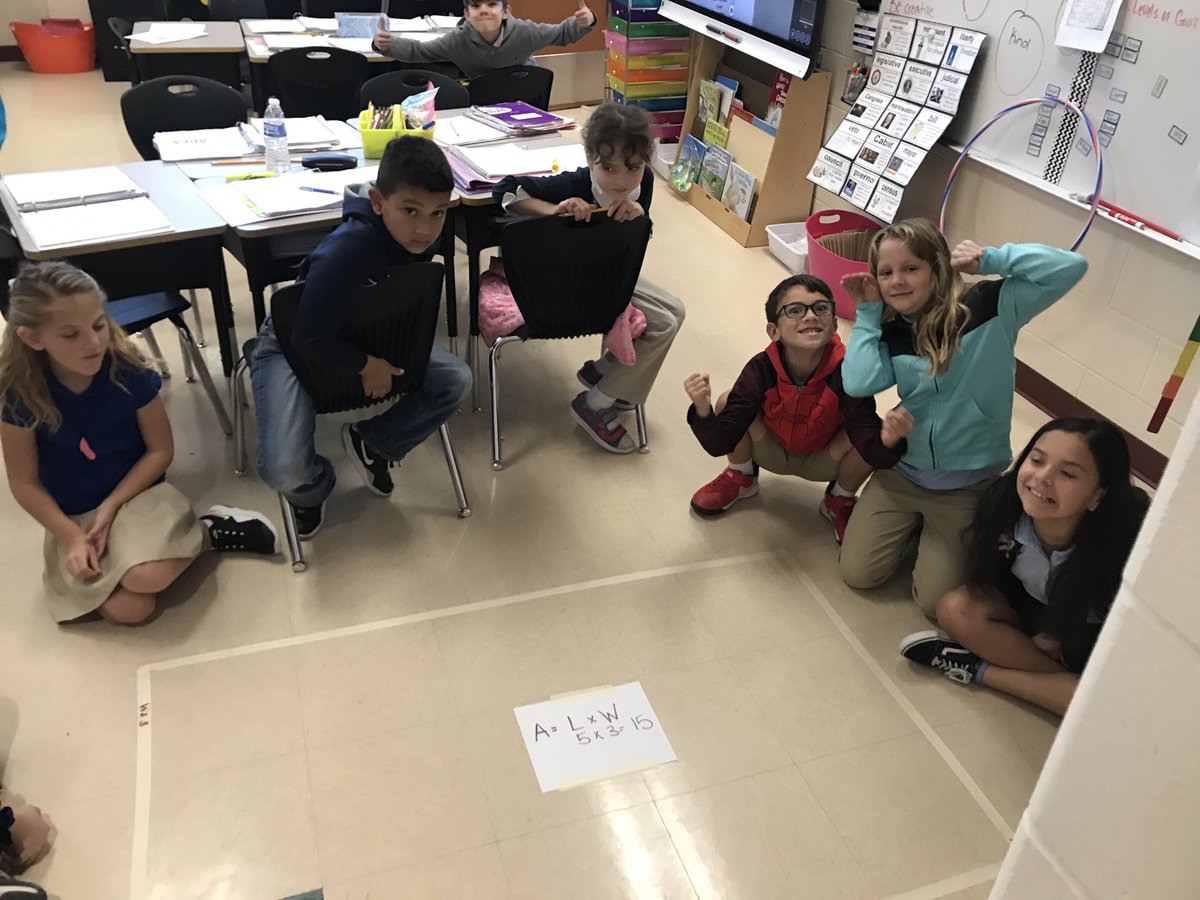 FroschVictoria's tweet photo. Having fun with AREA. Anytime I can get my students out of their seats and engaged I consider it a win! As a challenge, groups will create floor rectangles with a given area but they must determine a length &amp; width. #makemathfun #engaged @Es1Mireles @yvonne_hein @cy_winchester https://t.co/z7kHI5quLs