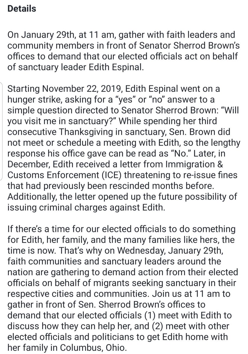 LetEdithStay's tweet photo. As of today, Edith has been in sanctuary for 848 days
Please join faith leaders & community at 11am, Jan 29th, outside @SenSherrodBrown's Columbus offices (200 N. High St.) to demand action for Edith from elected officials
Sanctuary is a process, not a goal.
#LetEdithStay https://t.co/bftJpc4bSS