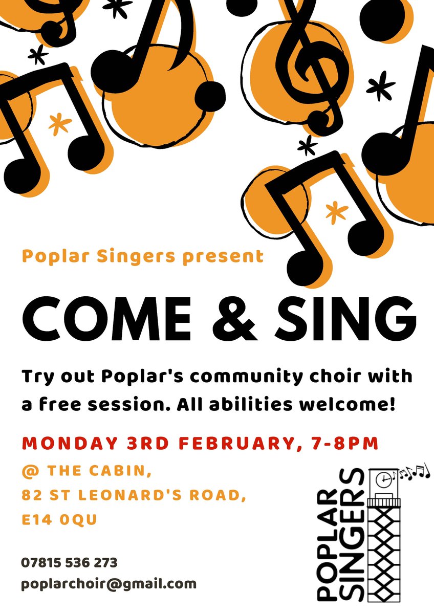 Poplar Singers (@poplarsingers) on Twitter photo Calling all shower singers! Join us for a free 'Come & Sing' session on Monday 3rd February, 7-8pm at The Cabin, E14 0QU. We'd love to welcome some new faces! ๐ต๐น๐ฃ๐ค๐ผ
@PoplarHARCA <a href="/PoplarUnion/">Poplar Union | East London Arts Venue</a> <a href="/SisterChristine/">๐พ๐๐๐๐๐ ๐ฎ๐๐๐๐๐๐๐๐</a> <a href="/SpitsMusic/">Spitalfields Music</a> @CanaryWharfGrp <a href="/ELAdvertiser/">East London Advertiser</a> @WellOnePB <a href="/singtowerham/">Sing Tower Hamlets</a> Calling all shower singers! Join us for a free 'Come & Sing' session on Monday 3rd February, 7-8pm at The Cabin, E14 0QU. We'd love to welcome some new faces! ๐ต๐น๐ฃ๐ค๐ผ
@PoplarHARCA <a href="/PoplarUnion/">Poplar Union | East London Arts Venue</a> <a href="/SisterChristine/">๐พ๐๐๐๐๐ ๐ฎ๐๐๐๐๐๐๐๐</a> <a href="/SpitsMusic/">Spitalfields Music</a> @CanaryWharfGrp <a href="/ELAdvertiser/">East London Advertiser</a> @WellOnePB <a href="/singtowerham/">Sing Tower Hamlets</a>