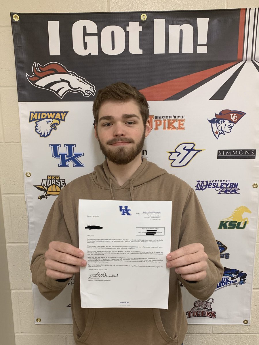 BEHSGuidance's tweet photo. Shout out to Cole Stewart for getting in to the University of Kentucky! We’re so excited for him to #seeblue  next fall! #BEALLIN @UKYAdmission @StewartKari https://t.co/DlcEPkUBcb