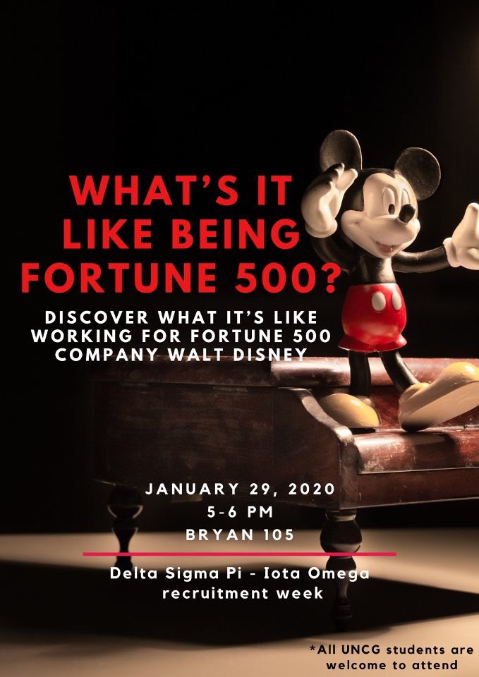 Come to our event tomorrow! We will be discussing what it’s like working with a Fortune 500 Company (Disney). Please come in business professional or business casual! We can’t wait to see you!
#uncg #uncgbryan #deltasigmapi