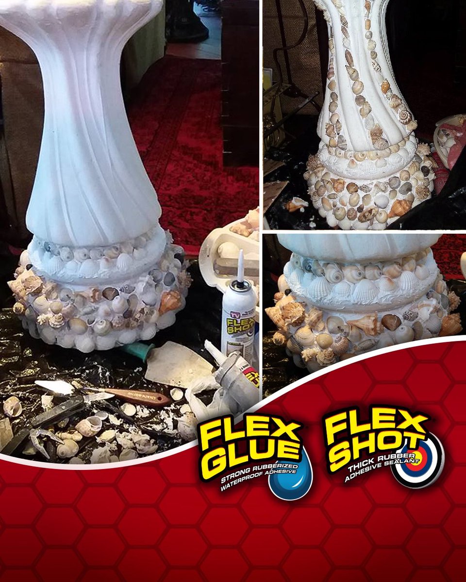 GetFlexSeal's tweet photo. When Flex Glue® and Flex Shot® come together, an epic #FlexDIY project is created. Shell yeah! 🐚
 
Rita B. from Ada, Oklahoma used Flex Shot to fill in uneven seashells and Flex Glue to secure them onto this birdbath.

It turned out flocking amazing! https://t.co/O7xw7aCGs9