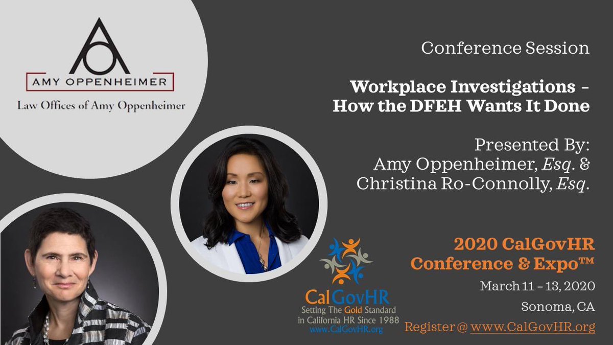 Do you want to learn how the California Department of Fair Employment and Housing wants workplace investigations to be done? If so, do not miss this special opportunity to learn from Amy Oppenheimer and Christina Ro-Connolly. Learn more at lnkd.in/gePmCcA.