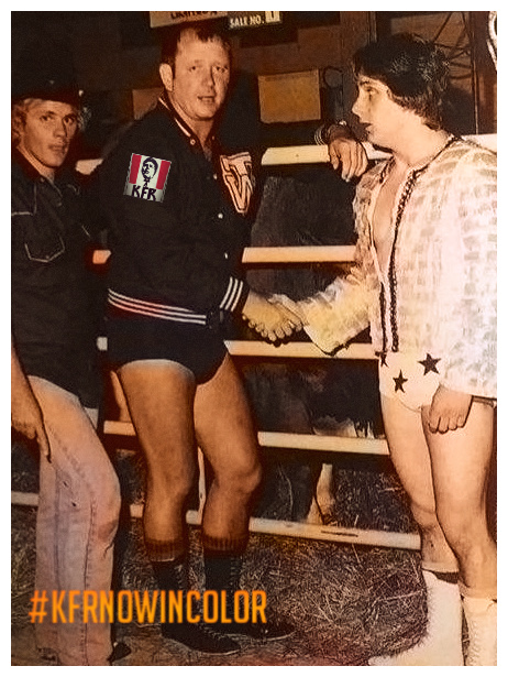 TravScottBowden's tweet photo. Nothing to see here—just former NWA World champion Dory Funk Jr. hanging out in a stable with Bruce Hart and the Dynamite Kid. #KFRNowInColor https://t.co/0tdq2V5ctH