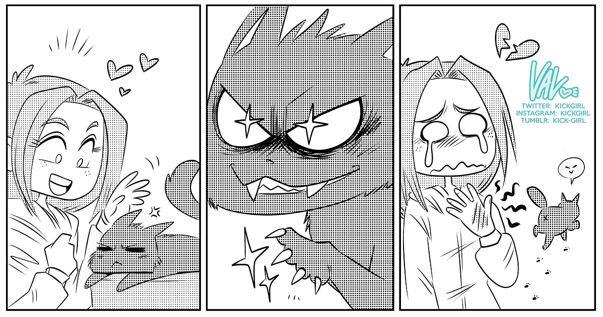 kickgirl's tweet photo. This week in class, I force my students, against their will, to draw a 3 Panel Story! No words allowed! That's CHEATING! But I believe in them.
As for me, I'm still not over the "kitties don't love me" thing.
#comics221 #ClipStudioPaint #DigitalArt #3PanelComic #ComicPractice https://t.co/VdmmHVLUd6