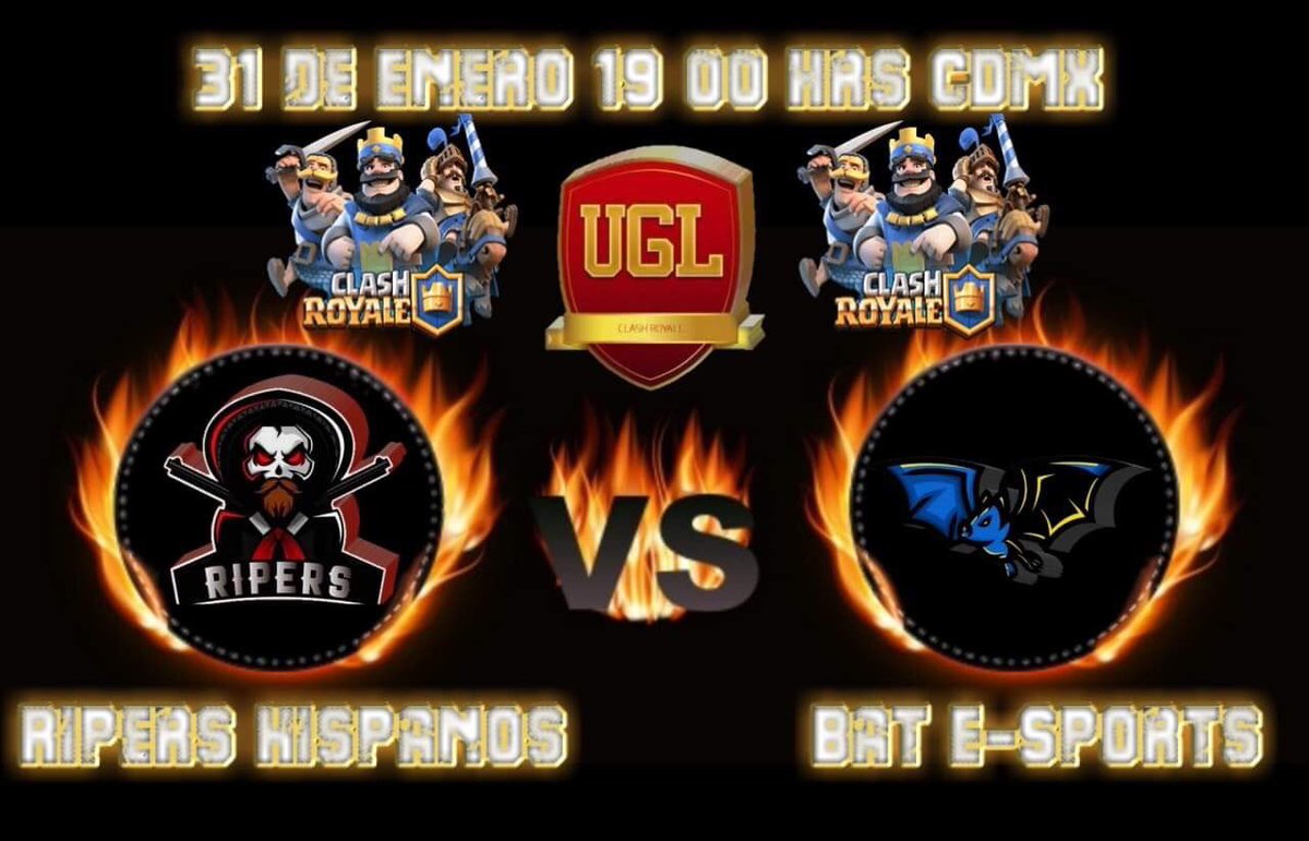 El día de viernes nos Toca Enfrentamiento nuestra Escuadra de #CR Ripers Hispanos <a href="/RipersCR/">Ripers E-Sports 1Nz</a> 🆚 <a href="/BatsEsports2/">Bat Esports ♠</a> 

Por la Grandiosa Liga de <a href="/UGLClashRoyale/">UGL Clash Royale</a> 
No se lo pierdan mañana a las 18:00 🕕 Centro de 🇲🇽

#GoGoRipers🖤
Créditos :<a href="/lio_alber/">CaSeReSs🎮🇲🇽🔥</a> 
<a href="/Ale1085/">Alejandro Machin</a> 
@Daarklyy