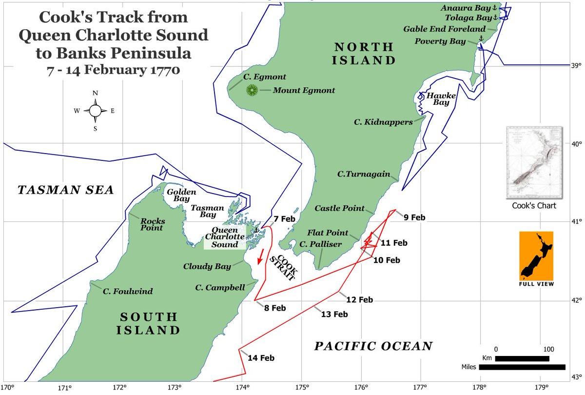 He has already circumnavigated the North Island, nearly, and will shortly be sailing up the east coast to complete that task. That's after running the tidal race through the Strait, which is no small thing in a clunky coal transport (as we'll see much later, in Torres Strait).