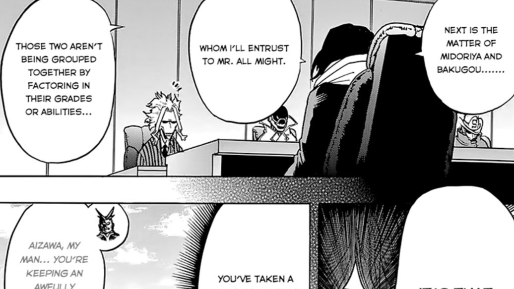 In order to combat this, Aizawa paired Midoriya and Bakugou up for the exams. (knowing Bakugou was the root of the issue) This set up was mainly to aid in Bakugou being able to work with Midoriya no matter the odds since it was ALL MIGHT they had to face.