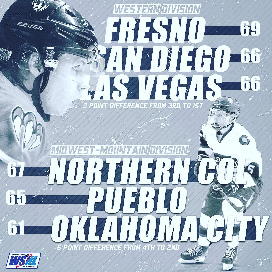 WSHLHockey's tweet image. We got tight divisional races going into February!⁣⁣
...⁣⁣ ⁣⁣
#WSHLHockey #FresnoMonsters #SanDiegoSabers #LasVegasThunderbirds⁣⁣
#NorthernColoradoEagles #PuebloBulls #OKCBlazers