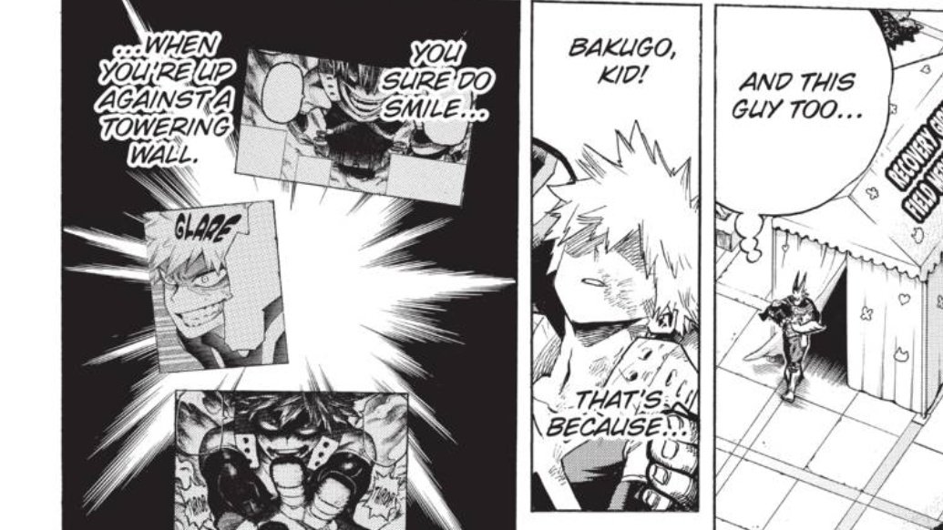 (I also like to think that this fight is what made All might realise that Bakugou has qualities that he himself has that make him a hero, which is his will to win against enemies no matter what and in turn realise that Midoriya AND Bakugou can carry on his legacy aka GOOD STUFF)
