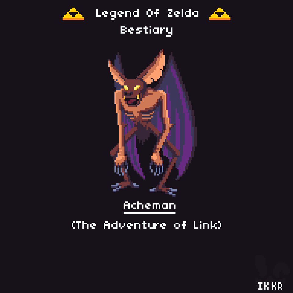 IKnowKingRabbit's tweet photo. A - Acheman.
Acheman are vampire-like bat-demons
Games: The Adventure of Link
#pixelart #Aseprite #dotpict #ドット絵 #LegendofZelda #ZeldaBestiary #mail24 #Zelda https://t.co/HdgC7Toyva