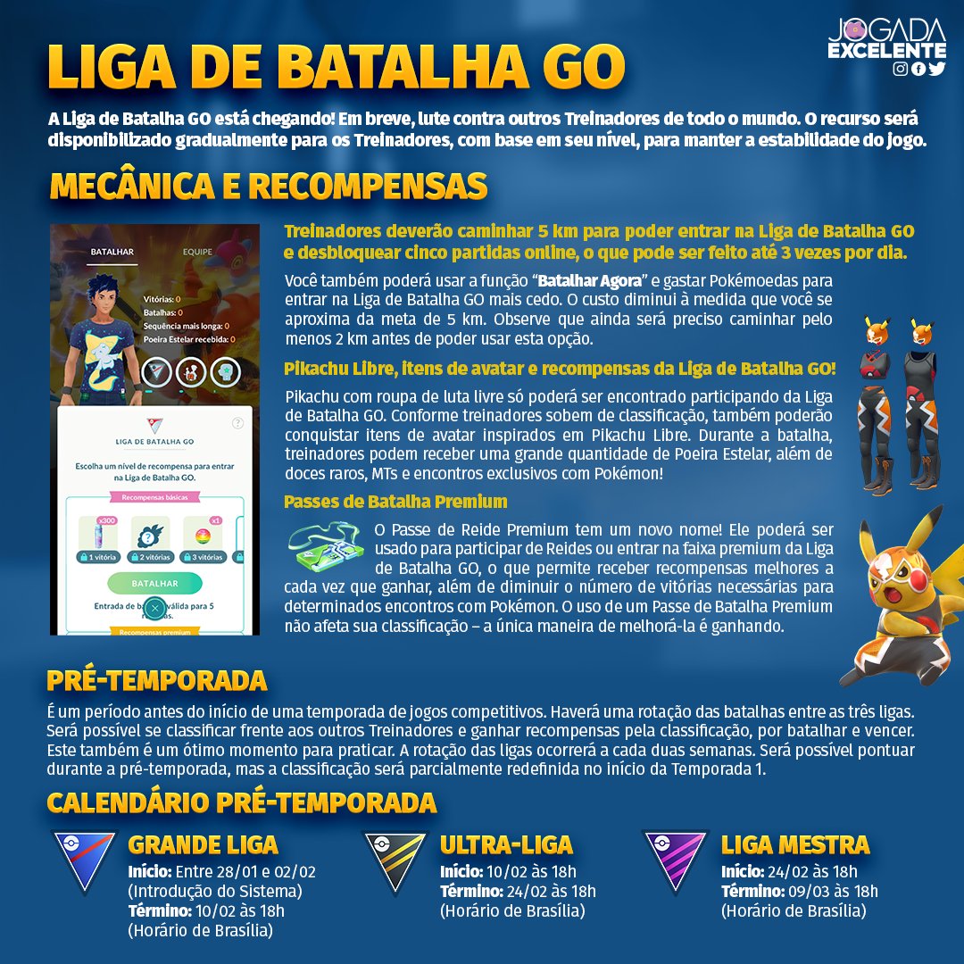 Jogada Excelente on X: Pokémon GO: Hoje é dia de mudança de ligas na Liga  de Batalha GO. Após a troca, apenas a Grande Liga estará disponível. ⠀  Data: 11/10 às 17h