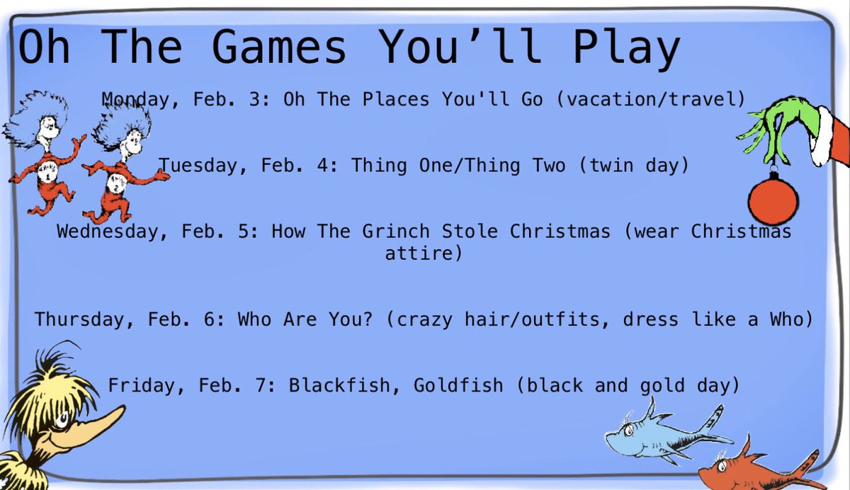 StuCo_ESHS's tweet photo. Can you believe NEXT WEEK we are celebrating our winter activities?! Courtwarming is upon us! Here are the spirit days so you can begin your preparation! #spiritweek #OhTheGamesYoullPlay https://t.co/K9cyPySAa0