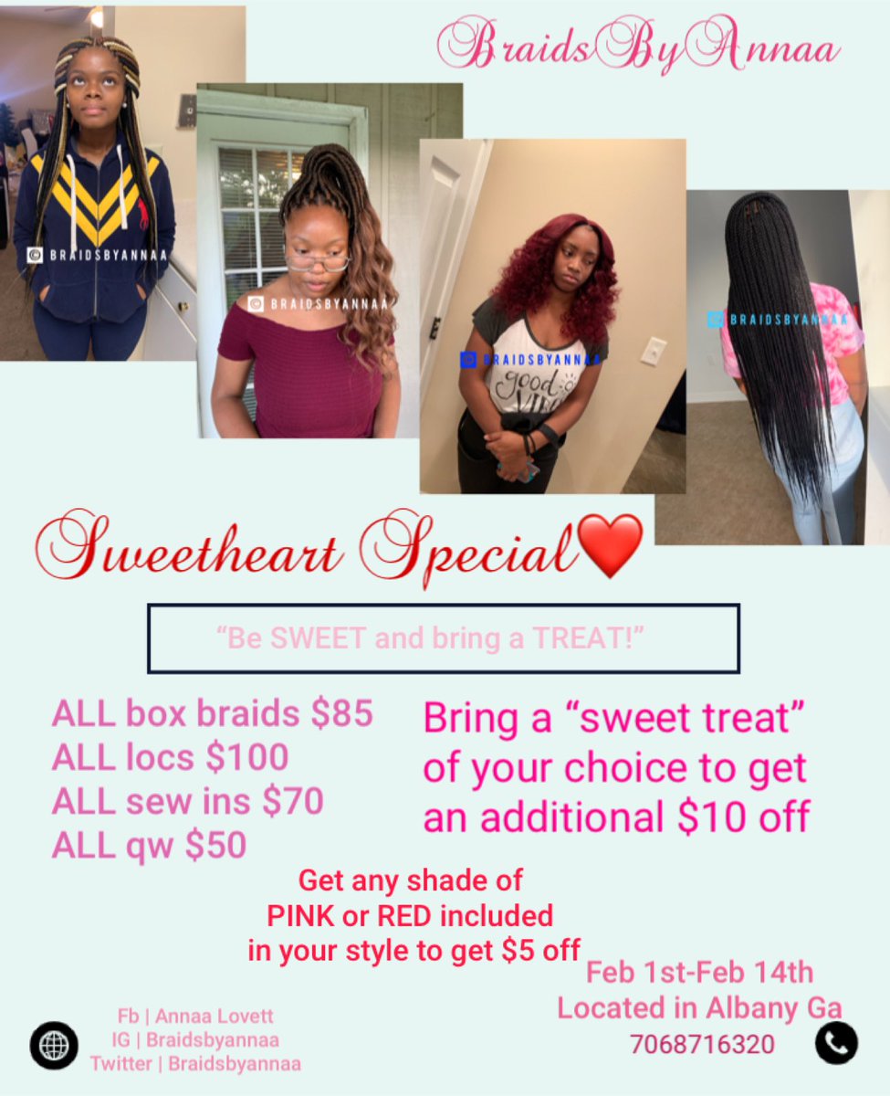 AnnaaDaDon's tweet photo. Sweetheart Special ❤️
#boxbraids #jumbobraids #bootybraids #boxplaits #albanystateuniversity #albanygahairstylist #asu #asu21 #asu22 #asu20 #asu23 #asurams #individuals #plaits #knotlessboxbraids #braids #albanybraider #albanybraids #albanybraiders #albanygabraider #jumbobraids https://t.co/aT7GajlDmv