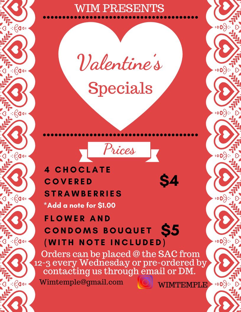 Valentine’s Day is coming up 💕 ! 
WIM Is selling goodies you can purchase for your loved ones on Valentine’s Day. You can pre order thorough the spread sheet in our bio, or every Wednesday in the SAC from 12-3pm. This is a perfect gift for you’re valentine this holiday ! ❤️