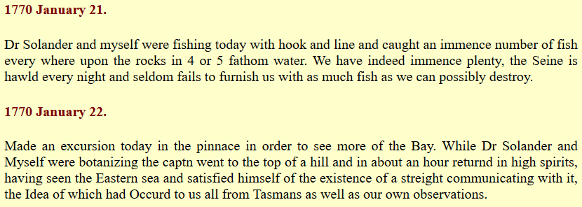 Cook 'discovers', ahem, 'Cook Strait' (Te Moana-o-Raukawa), and Banks discovers fishing. Is one of the things that immediately strikes, in early accounts -- how many damn fish there are. What is the industrial depletion factor? The oft-cited 90% seems way too low.