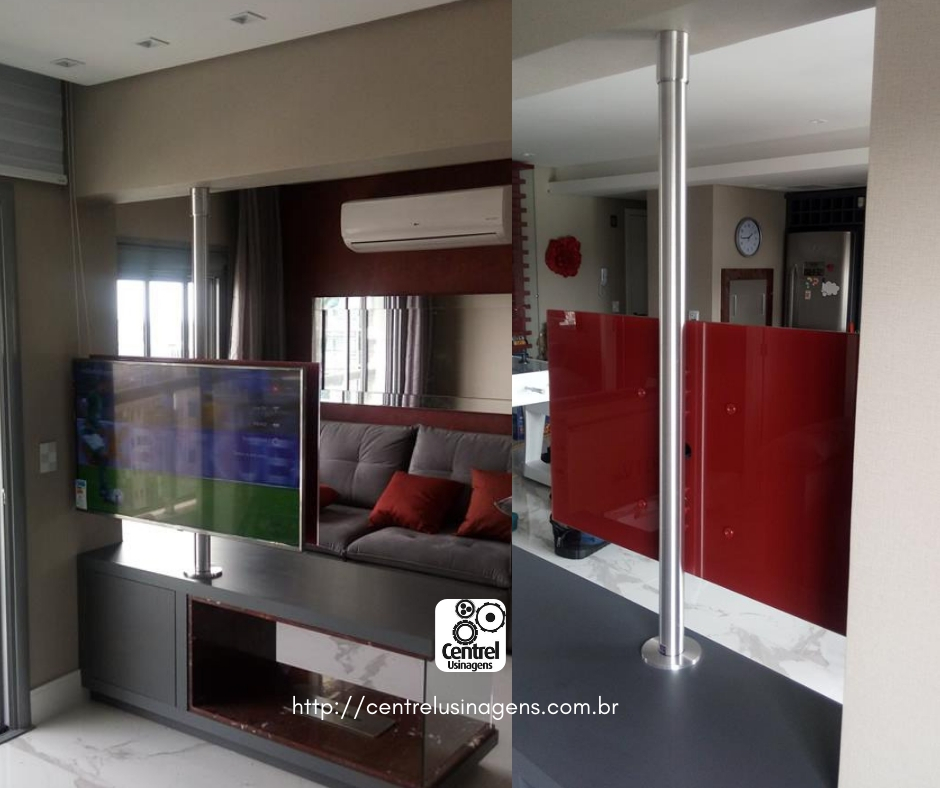 Projeto Suporte Giratório Tv _ Modelo fixado no móvel e teto _ Tubo escovado _ Placa vidro temperado vermelho _ Fabricado sob medida #centrelusinagens #arquitetura #decoração #decora #decorate #home #salatv #homeideas #homestyle #integracaoambientes #rotatetv #tvgiratoria