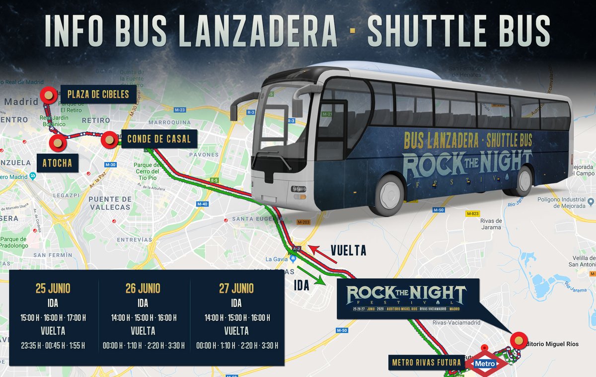 🔥 Información buses lanzadera 🔥 🚌 🚀

➡️ SALIDAS DESDE parada de Conde Casal junto Hotel Claridge.

⬅️ REGRESOS DESDE recinto de festival a Cibeles con paradas en Conde Casal y Atocha.

📌 Más info en rockthenightfestival.es
