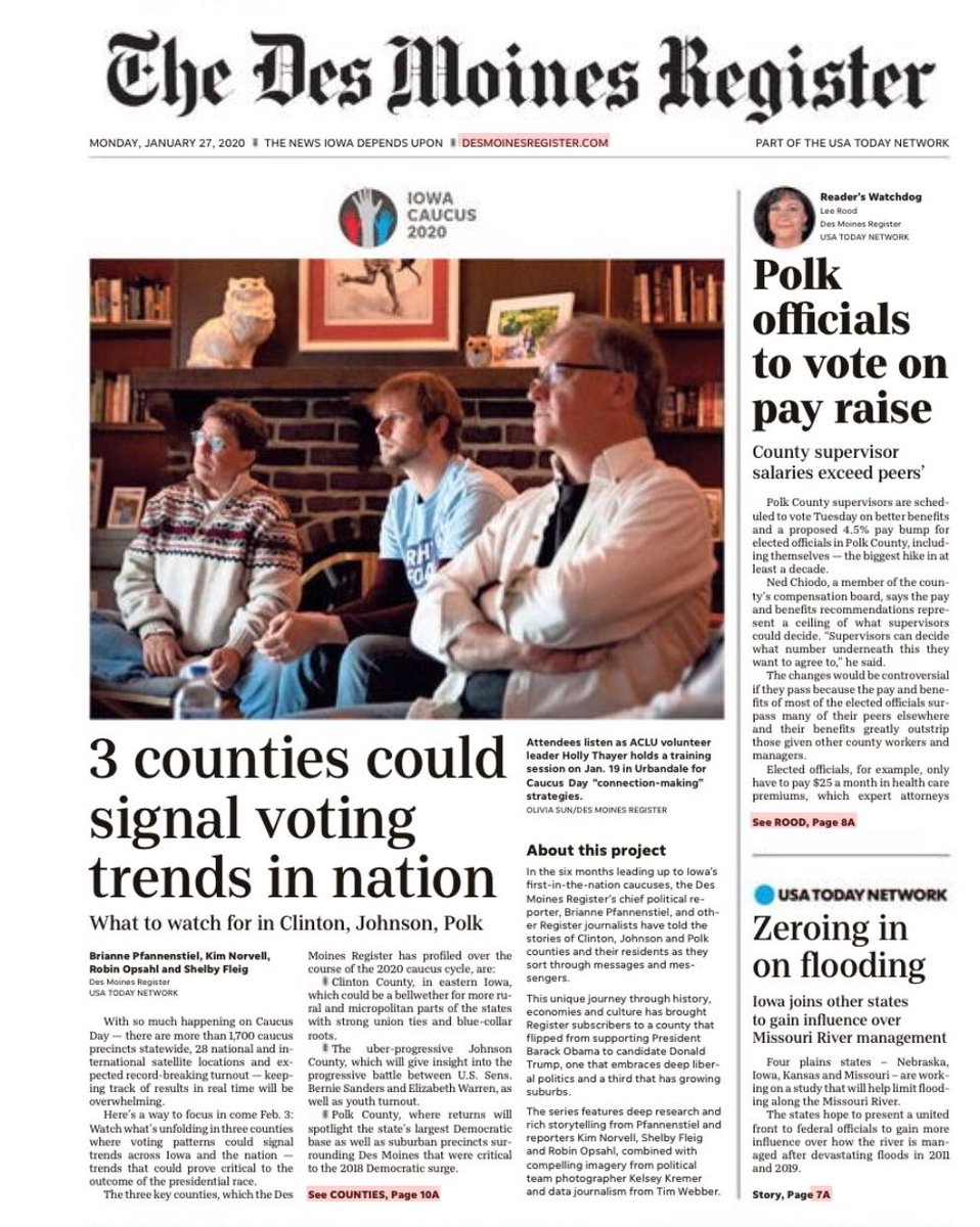 front page of The Des Moines Register. The front-page story is titled " 3 counties could signal voting trends in nation" accompanied by an image of 3 men, one wearing an ACLU Rights For All t-shirt
