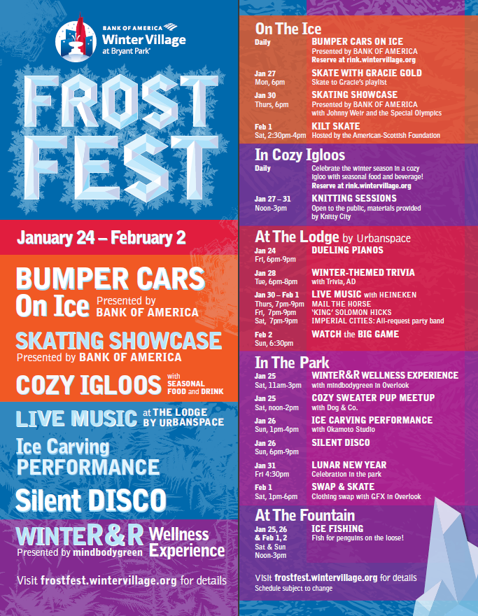 Schedule of events at Frost Fest. Blue, red, orange, and purple background with white letters.