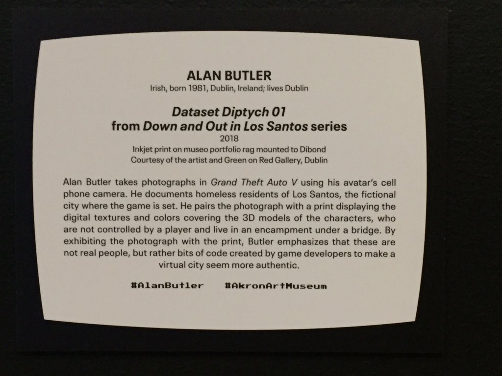 sos_jr's tweet image. #AlanButler takes photographs in Grand Theft Auto V using the avatar’s cell phone camera of homeless residents in a fictional city. 🌃 

At “Open World: Video Games &amp;amp; Contemporary Art” in @AkronArtMuseum. 

akronartmuseum.org/exhibitions/op…

#DowntownAkron #AkronArtMuseum #Akron #Art