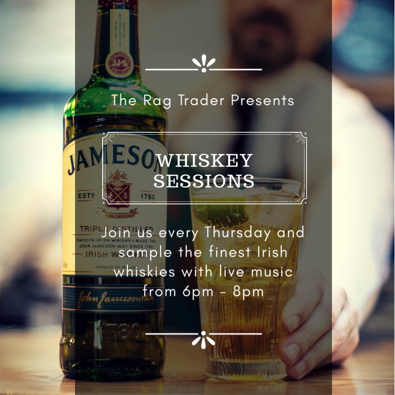 Whiskey Sessions this Thursday (30.01.20) will feature <a href="/jamesonwhiskey/">Jameson Whiskey</a> with live music from the fantastic Shenanigans. 

Bookings | Walk-In’s welcome!

Hello@theragtrader.ie

#TheRagTrader #WhiskeyBar