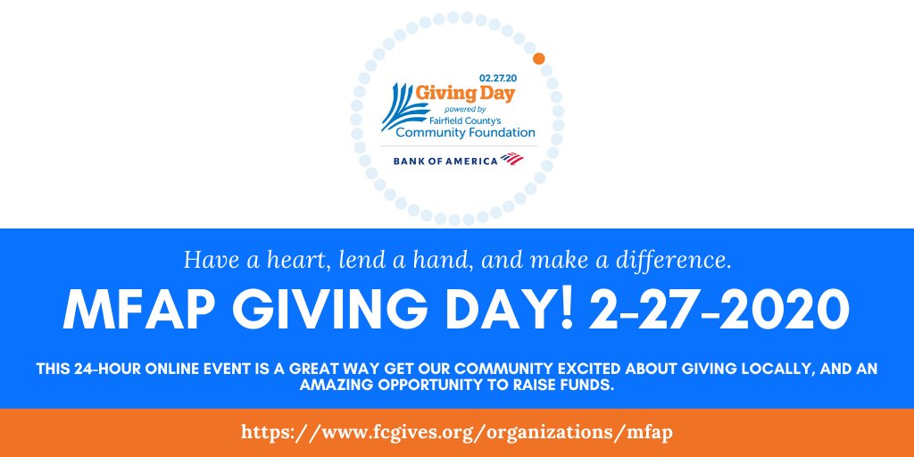MFAP_CT's tweet photo. MFAP will be participating in Fairfield County's Giving Day! This 24-hour online event is a great way get our community excited about giving locally, and an amazing opportunity to raise funds. 

Check out our fundraising page here: 
https://t.co/zTGalDfz2S https://t.co/93yAFEM2oO