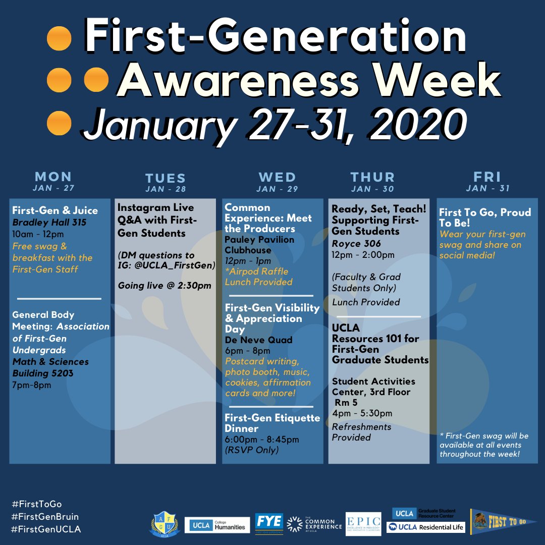 UCLA's tweet image. First-Gen Awareness Week continues today with a live Q&amp;amp;A at 2:30 p.m. on Instagram @ UCLA_FirstGen!

UCLA students will discuss resources, studying abroad, finding community and securing jobs.

Can't make it? It'll be saved as an IGTV video. #UCLAfirstgen
ucla.in/37vUvR7