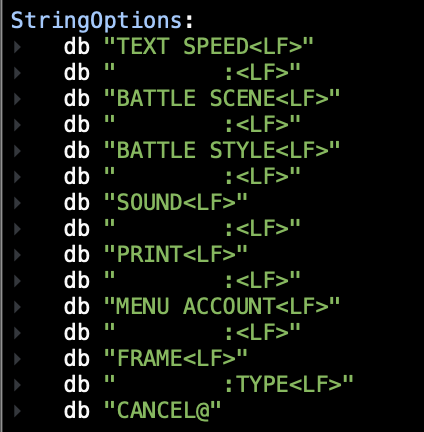 screenshot of list of menu options from Pokemon Crystal
