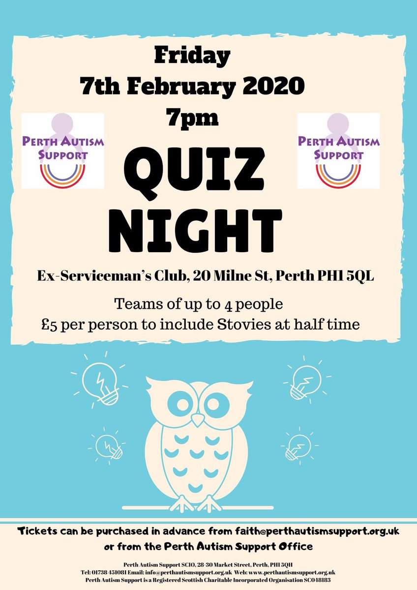 Perth_Autism's tweet photo. Join us at the Perth Ex-Service Club on Friday 7 Feb put your knowledge to the test and get some stovies for £5pp! Get in touch to secure your table now (teams of 4!) faith@perthautismsupport.org.uk #quizzyrascal #tequilamockingbird #bucksquiz #wepromiseyoucanpickyourownteamname https://t.co/K7DOCdsR0t