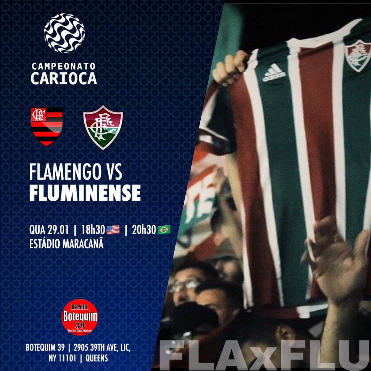 NYFlu's tweet photo. Amanhã temos o primeiro clássico do ano e a maior torcida de NYC estará presente novamente.
Não perca nossa transmissão que será feita por live e/ou rádio direto do nosso botequim 39. Vamos lutar por mais essa taça 🇭🇺👊🏻#vempranyflu #tricoloremtodaterra #diadeflu #alentodaamerica https://t.co/X1mCQBtlBW