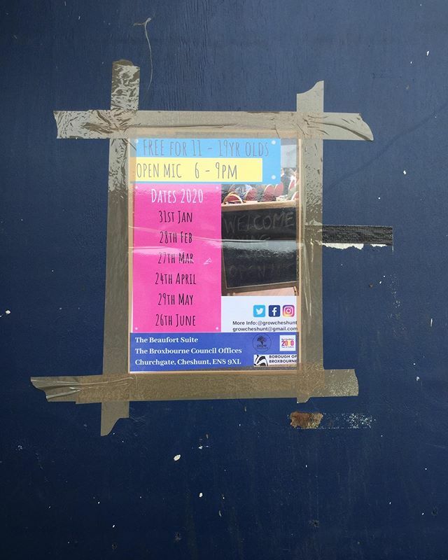One of our more fun spots to leave advertising for you all.
11-19yrs Open Mic 🎤 
Friday 6-9pm
Beaufort Suite <a href="/broxbournebc/">Broxbourne Council</a> 
Chilled evening hanging out with Friends and new friends.
.
#openmic #cheshunt #youngpeople #nextgeneration #hyoc2020 instagram.com/p/B74Bas_gqMv/