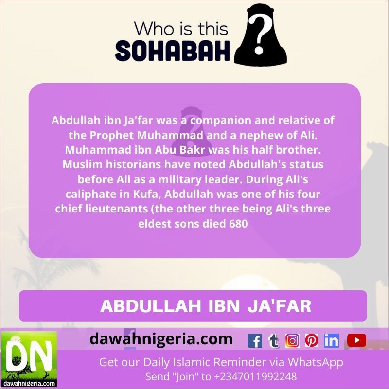dawahnigeria's tweet photo. ABDULLAH IBN JA'FAR was a companion and relative of the Prophet Muhammad (peace be upon him) and a nephew of Ali. Muhammad ibn Abu Bakr was his half brother. Muslim historians have noted Abdullah's status
#dawahnigeria #dnwits #REVIVINGdUMMAH https://t.co/PGBRhyxJm8