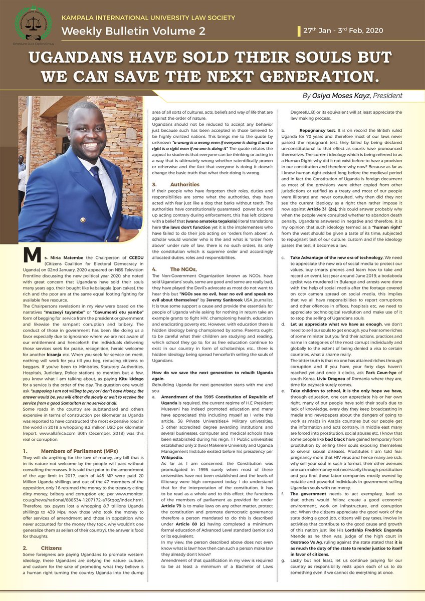 Ugandans have sold their soul but we can save the next Generation <a href="/kiuvarsity/">Kampala International University</a> <a href="/SocietyKiu/">KIU Law Society</a> <a href="/KIU_ruleoflaw/">KIU RULE OF LAW CLUB</a> <a href="/manzimark1/">The Talisman</a> <a href="/kyazzefahad2/">kyazze fahad</a> <a href="/henrykurukayo/">Henry Kurukayo</a> <a href="/DikeNatwijuka/">D .A.D</a> @agaba_elic @NiwarindaAaron <a href="/Rhony23700414/">Nyombi Ronald</a> <a href="/ElijahWaako/">Elijah Waako</a> <a href="/RamonTindi/">Ramon Tindimwebwa</a> @TesiMugabo1 <a href="/herbertnash16/">Herbert Mugisha</a> @kayankole