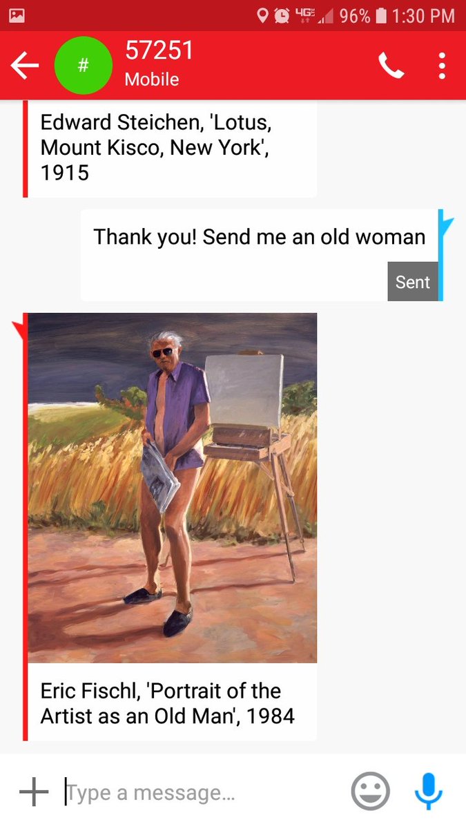 BermanMargit's tweet photo. So I tried that #SFMOMA text me your art needs thing. Apparently, not only does SFMOMA not have any beautiful old women in its collection, it couldn't find me any old woman at all. #womeninart #wherearethewomen https://t.co/4EZlQhnUtE