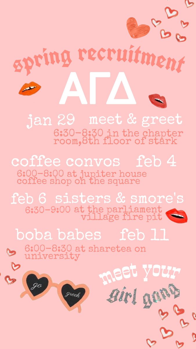 have you heard about our spring recruitment events? the first one is tomorrow in the chapter room! we can't wait to meet you! see you there 💋