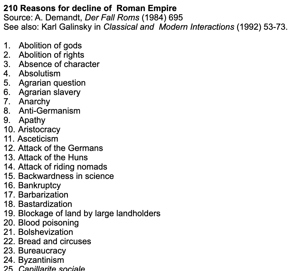 210 Reasons for decline of  Roman Empire
Source: A. Demandt, Der Fall Roms (1984) 695
See also: Karl Galinsky in Classical and  Modern Interactions (1992) 53-73.

1.      Abolition of gods
2.      Abolition of rights
3.      Absence of character
4.      Absolutism
5.      Agrarian question
6.      Agrarian slavery
7.      Anarchy
8.      Anti-Germanism
9.      Apathy
10.  Aristocracy… (etc, from linked page)
