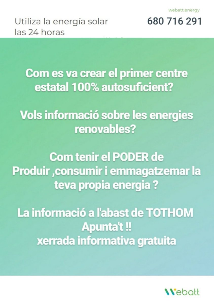El poder es teu! La informació a l'abast de TOTHOM. Places limitades #energiarenovables #cuidemelplaneta #siespot #storethesun #webatt #energy #sonnenbatterie #energiakm0 #catalonia #girona #olot #barcelona #tarragona #lleida #fotovoltaica #prosumer #emmagatzematge #estalvi