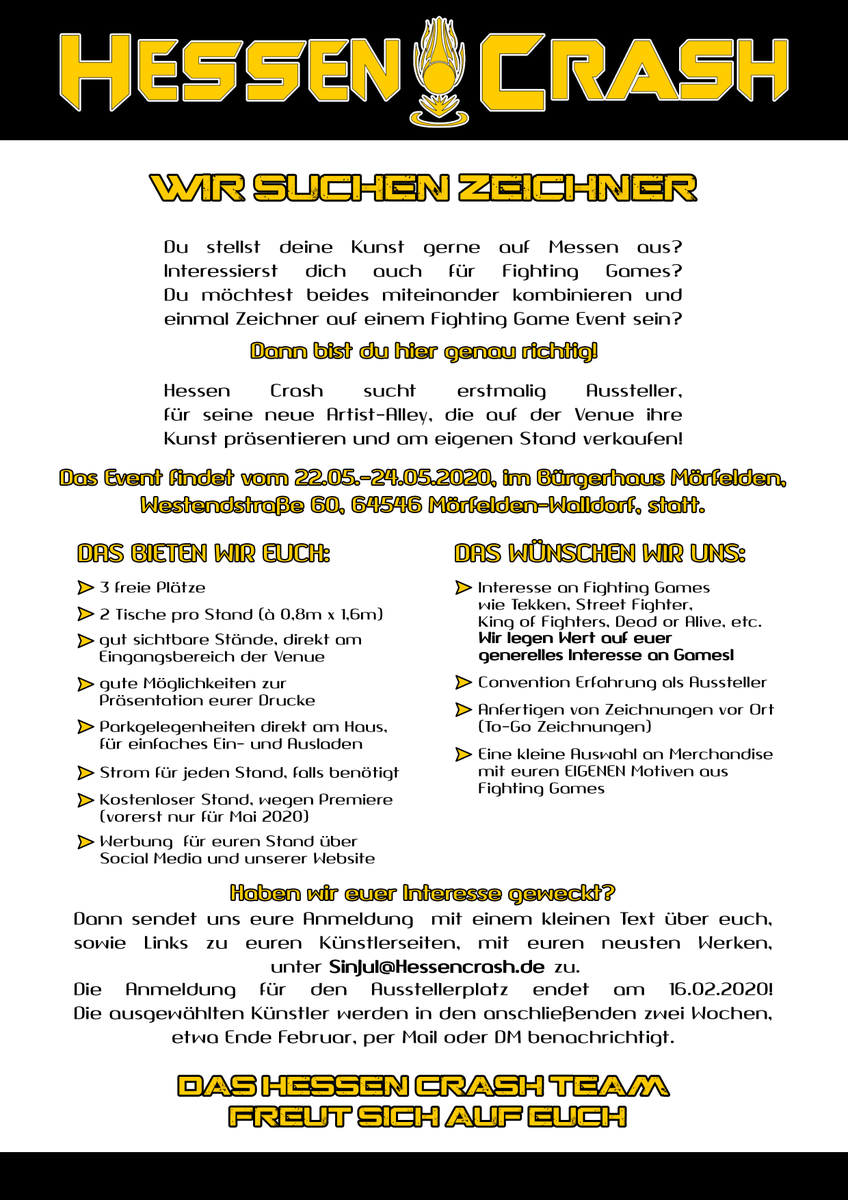 HessenCrash's tweet photo. Nochmal eine Erinnerung an all die #Zeicher #Artists da draußen:
Wir suchern weiterhin Zeichner für unsere Artist Alley beim #HCXIX!
Was wir bieten? Gratis Eintritt, Fläche zum Ausstellen und ein geiles Event!
Zum Bewerben: Schickt uns eine Mail an SinJul@hessencrash.de https://t.co/GBEUd51kGU