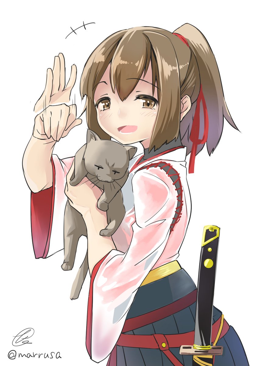 ise (kancolle) 1girl brown hair japanese clothes ponytail brown eyes weapon cat  illustration images