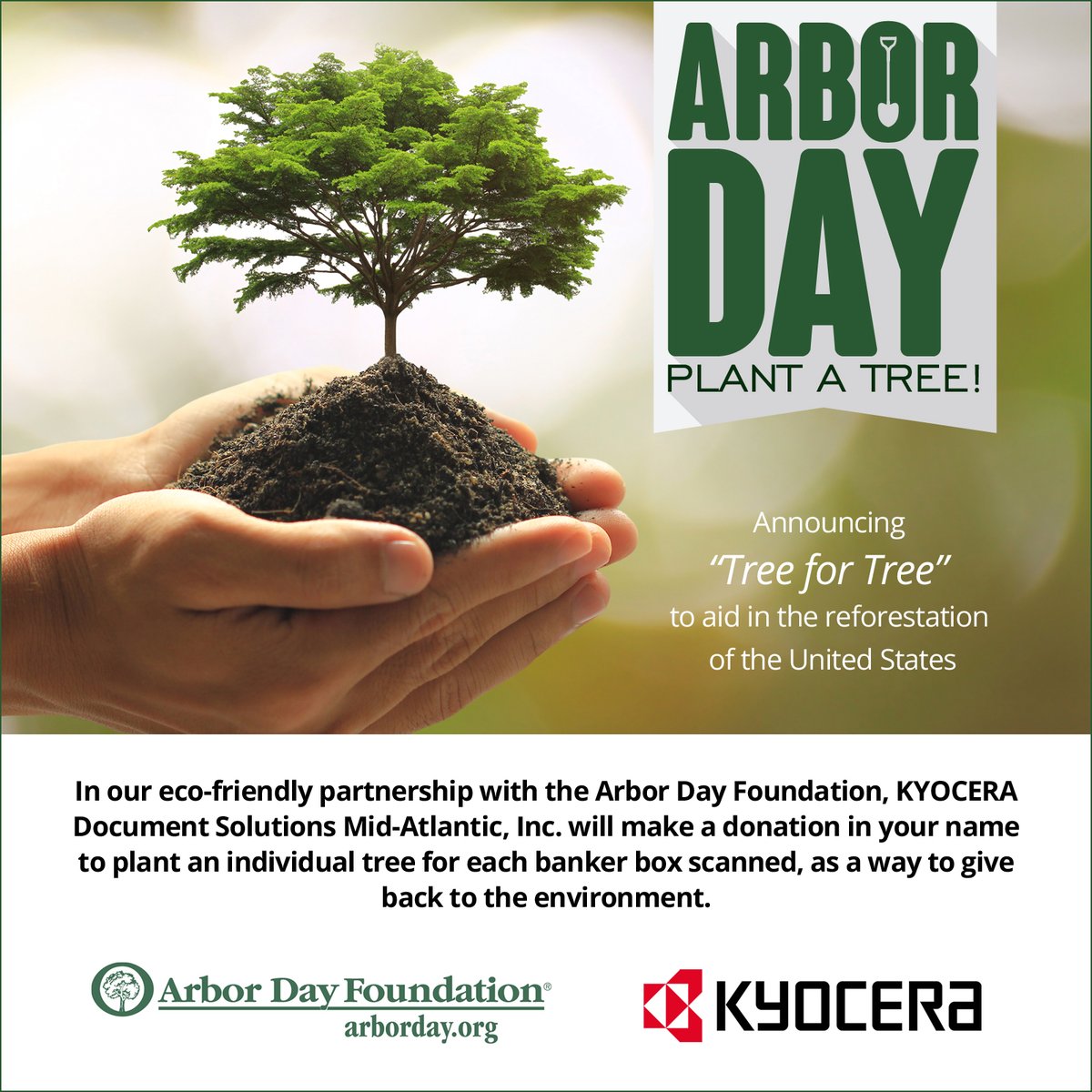 KyoceraMid's tweet photo. Want to join us in giving back to the environment? Kyocera Mid Atlantic has teamed up with the Arbor Day Foundation. Contact us today for more information, and let us plant a tree in your name! #TreeForTree #ArborDay #treeplanting #environmentalawareness https://t.co/ZwWHPu6A00