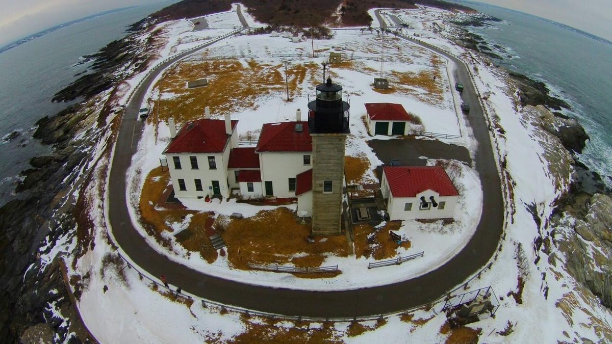 Aerial view of lighthouse at Beavertail State Park in Jamestown