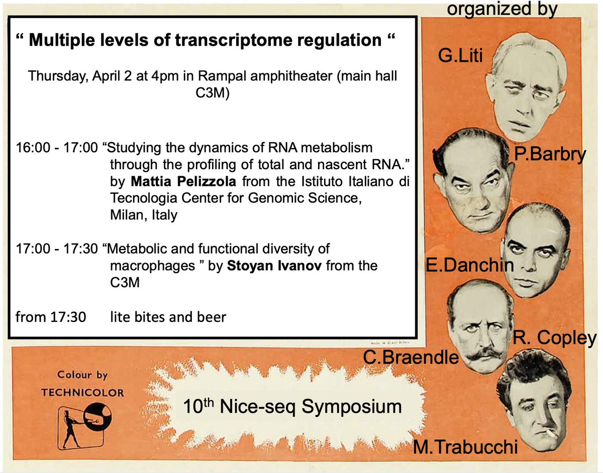 NiceSeq's tweet photo. ta-tan: and the edition X of the #niceseq is announced, organised by @mtrabucchi2 (also an artist - as you can see from the flyer...) at @C3M_U1065, 2nd April at 4pm, powered by @uca_research - focus on #transcriptome regulation
We hope to see you there! https://t.co/DeShJif3aU
