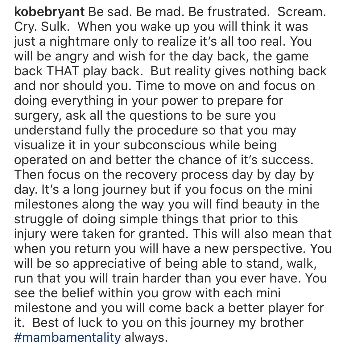 ACLrecoveryCLUB's tweet photo. Great advice for anybody battling a major injury from Kobe! #NeverQuit #MambaMentality https://t.co/JOp4TgolzN